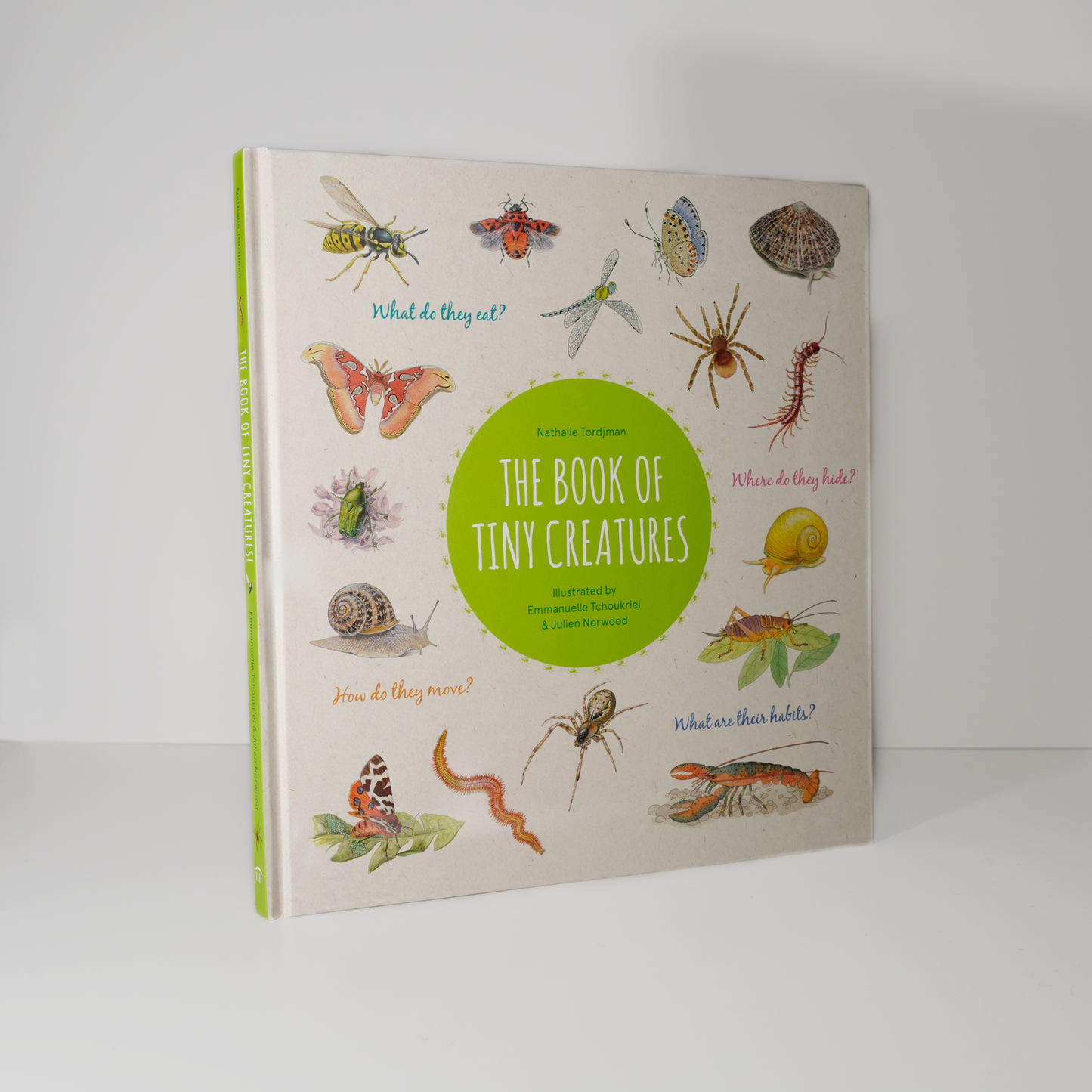 A children's book titled 'The Book of Tiny Creatures' with illustrations of various insects and creatures