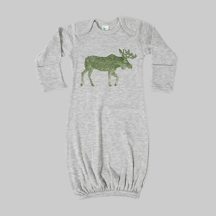 Bird and Buffalo baby gown in gray with moose design, made local in Jackson Hole, WY