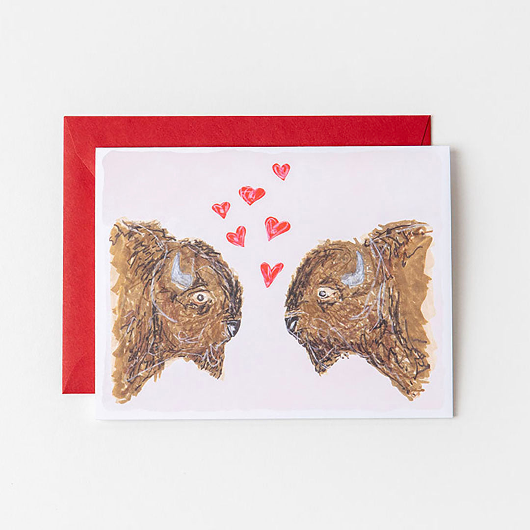 Bird and Buffalo greeting cards featuring two bison with hearts design inspired by Jackson Hole, WY