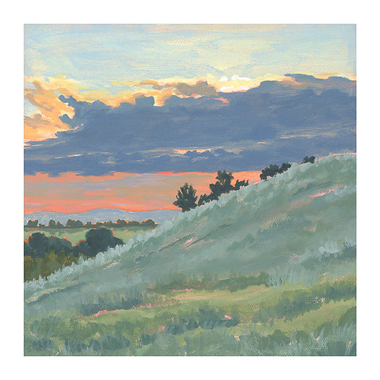 A.T. Patterson’s art print titled “Late Sunset” featuring a view of a sunset over a hill