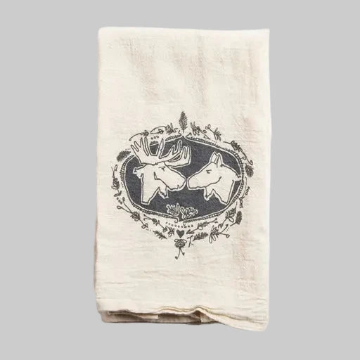 Bird and Buffalo’s cotton flour sack tea towels with screen printed moose kissing design, made locally in Jackson Hole, WY