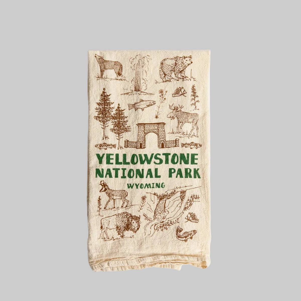 Bird and Buffalo’s cotton flour sack tea towels with screen printed Yellowstone National Park design, made locally in Jackson Hole, WY