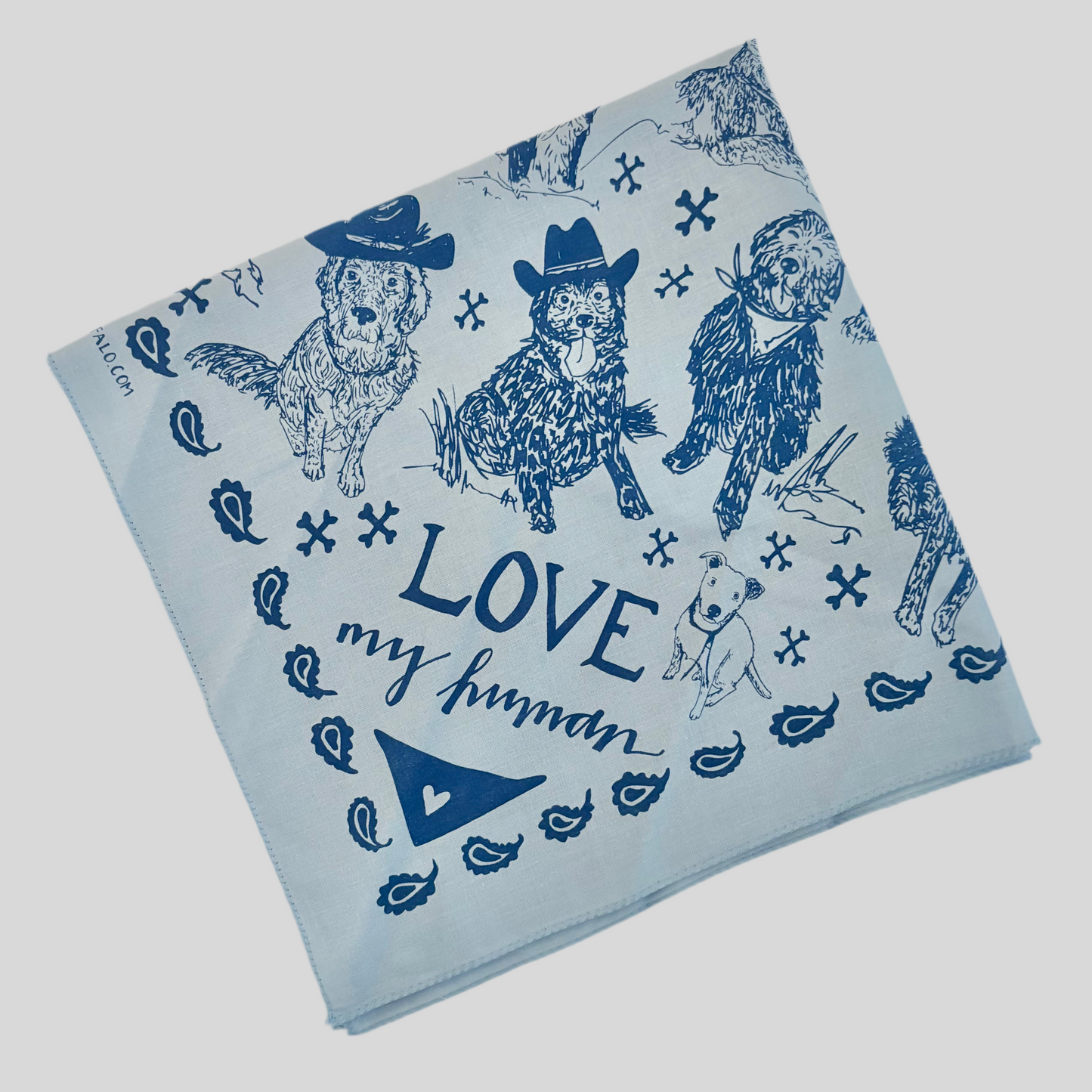 Blue bandana with dog illustrations and 'Love my human' text on a light gray background
