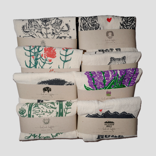 Cotton flour sack tea towels with screen printed designs.