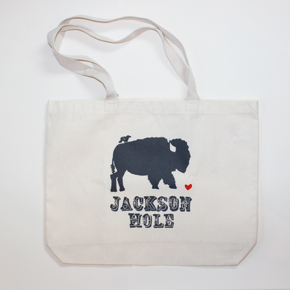 Canvas bag with screen printed bison design.