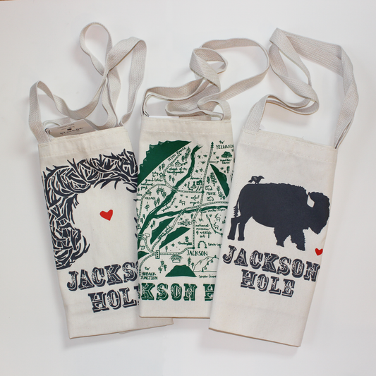 Canvas bags with screen printed designs.