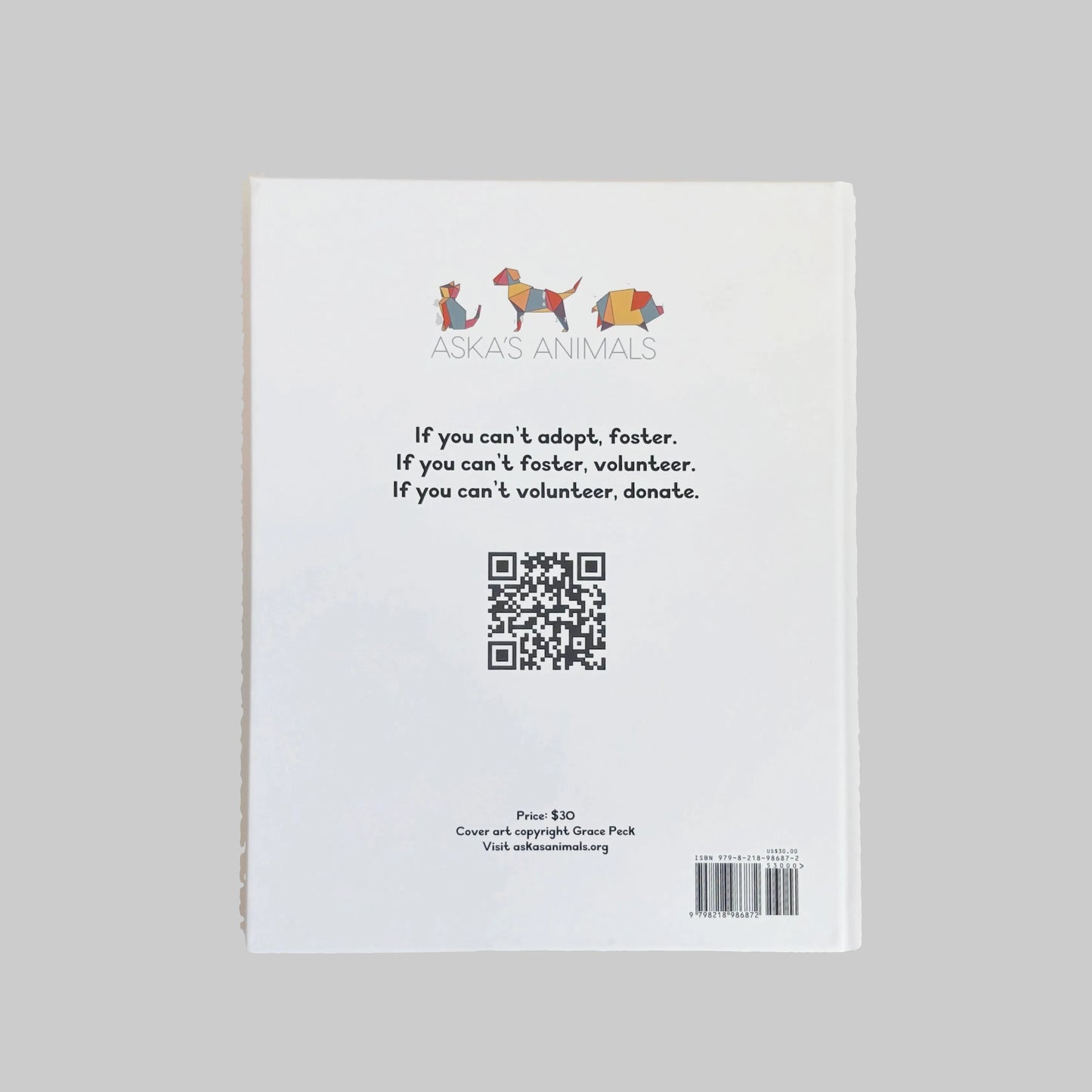 Back cover of a book with QR code and text