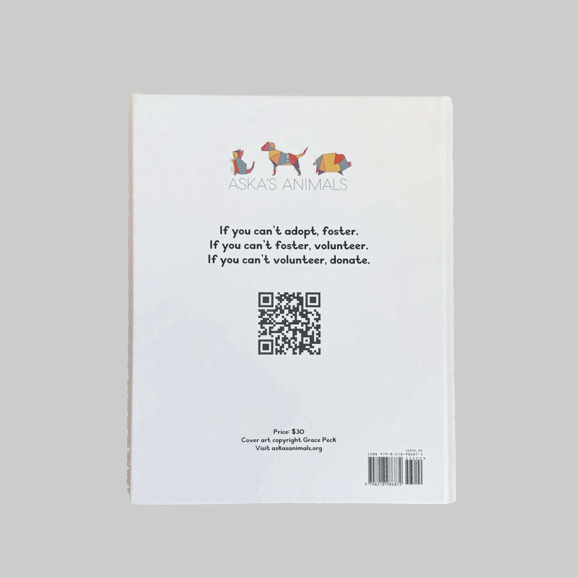 Back cover of a book with QR code and text