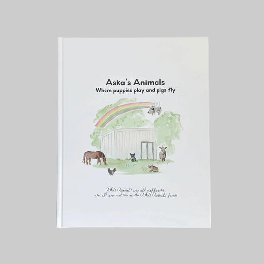 Book cover of 'Aska's Animals' with illustrations of animals and a rainbow