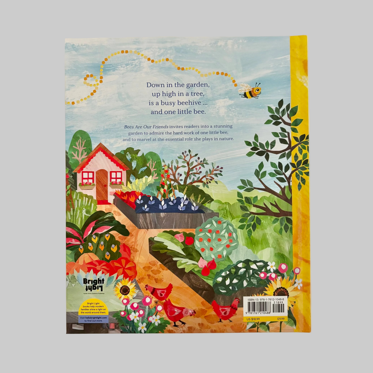 Illustrated book page with a garden scene and text.