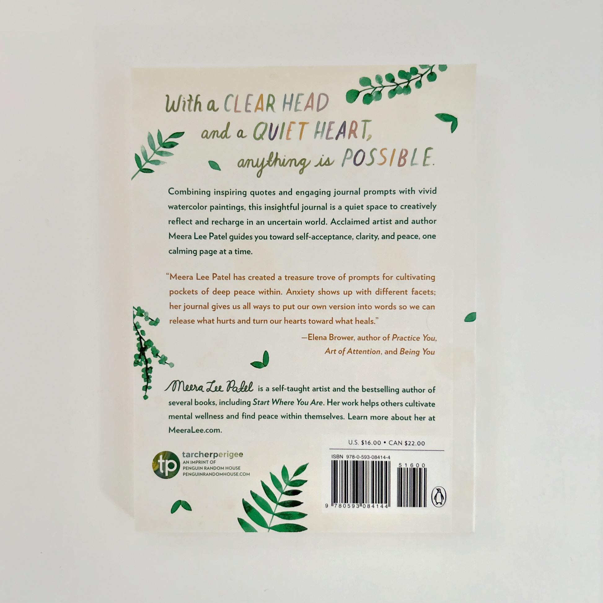 Book back cover with text and green watercolor leaves.