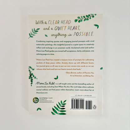 Book back cover with text and green watercolor leaves.