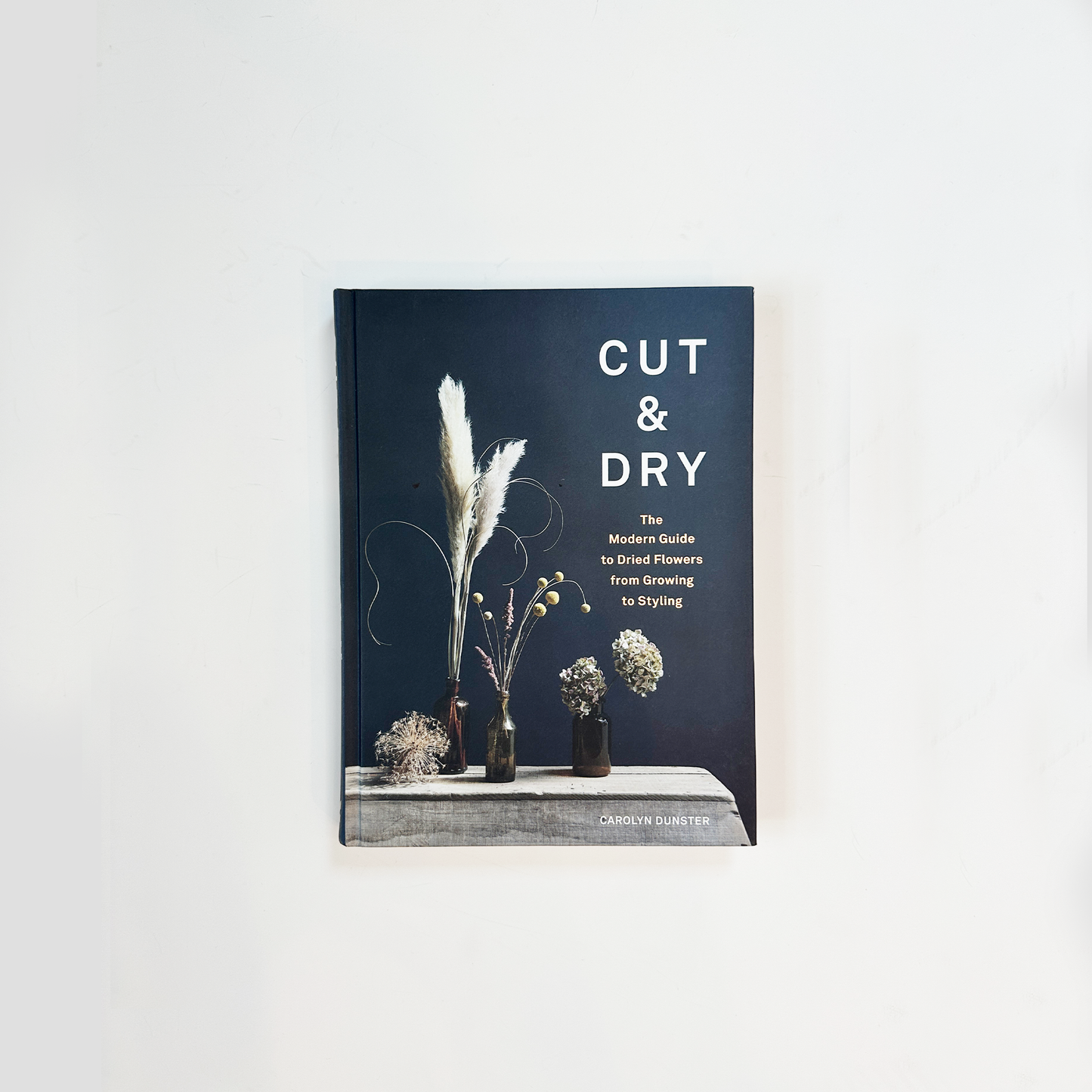 The cover of the book 'Cut & Dry' featuring a dried floral arrangements in vases against a dark background.