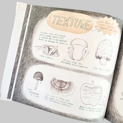 Book open to a page about texture with illustrations of mushrooms and text.