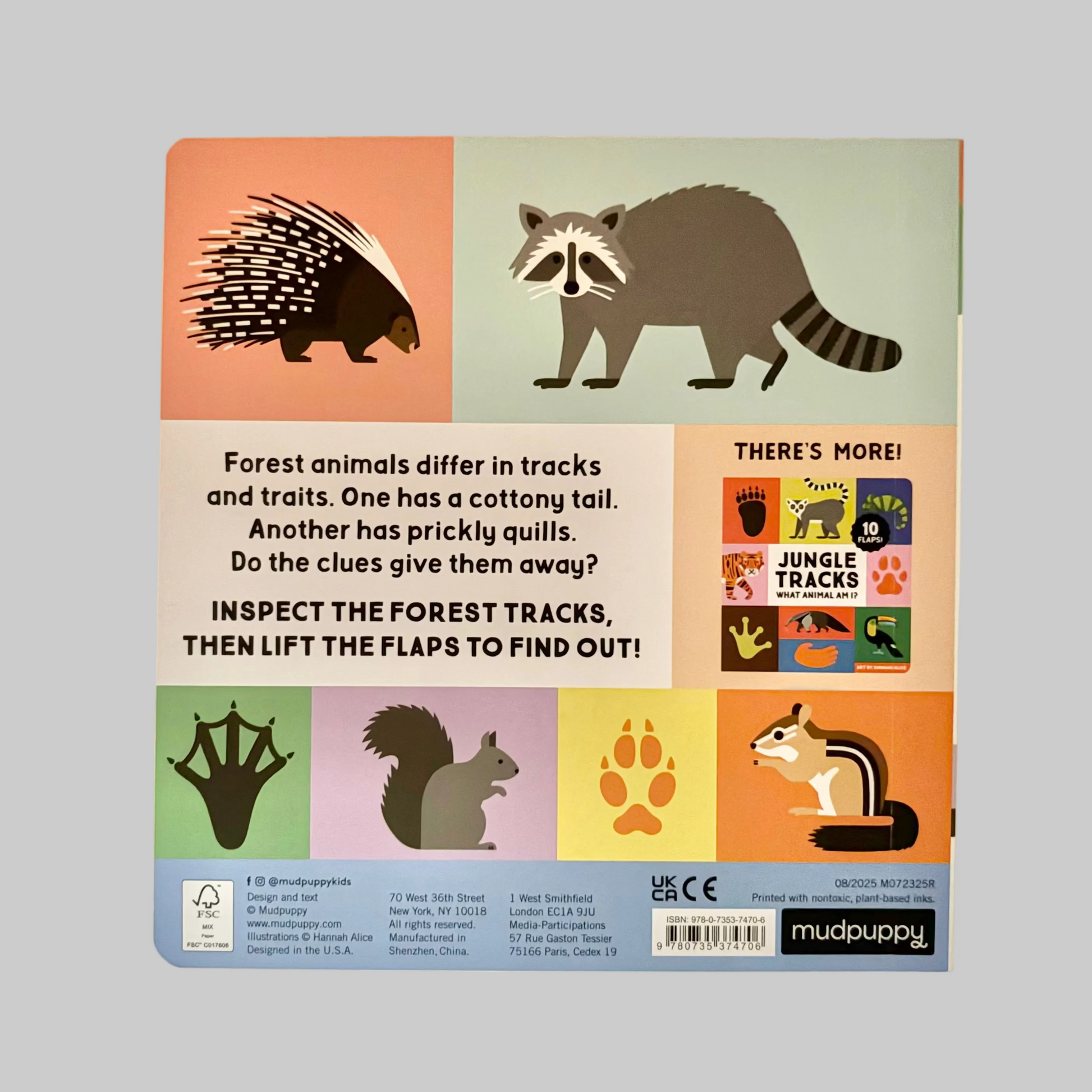 Back cover of a children's book with forest animal illustrations and text.