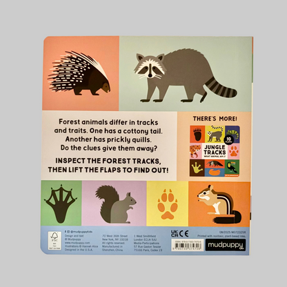 Back cover of a children's book with forest animal illustrations and text.
