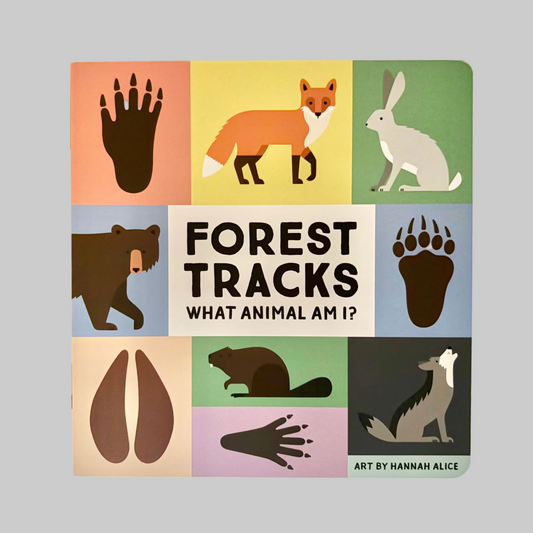 Book cover of 'Forest Tracks' with illustrations of animals and their tracks.