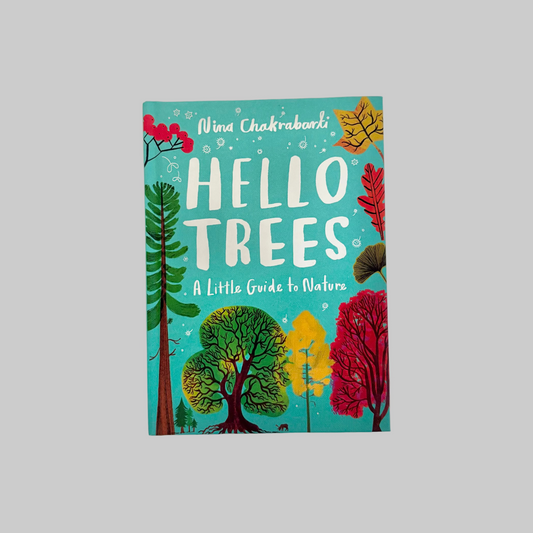 Book cover of 'Hello Trees' with colorful tree illustrations on a blue background