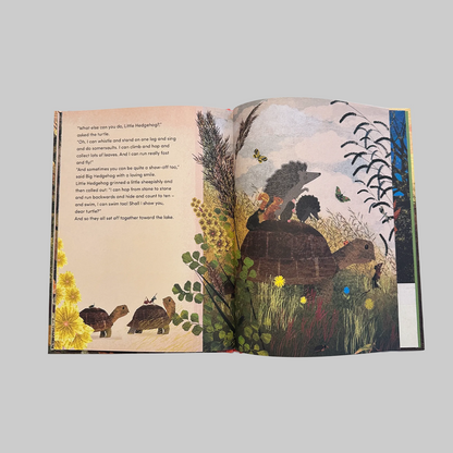 Open book featuring text and illustrations of hedgehogs, squirrels, ants, and turtles
