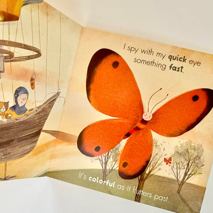 Illustrated book page with a butterfly and children on a boat, featuring text.