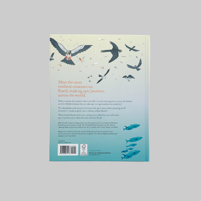 Back cover of a book featuring birds and fish on a blue gradient background