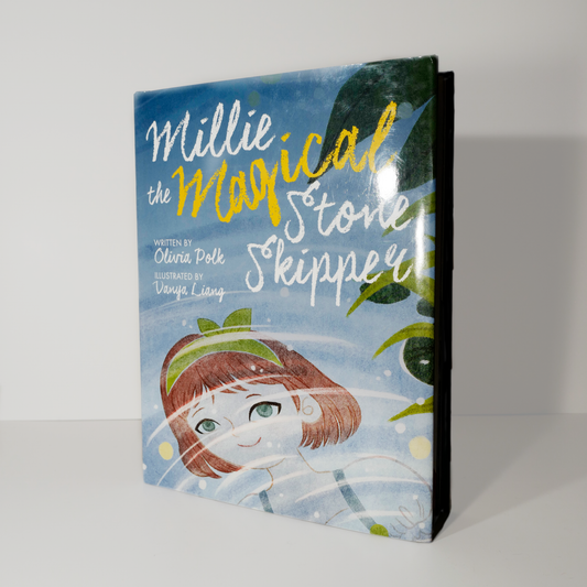Children's book titled 'Millie the Magical Stone Skipper' by Olivia Polk with an illustration of a girl on the cover.