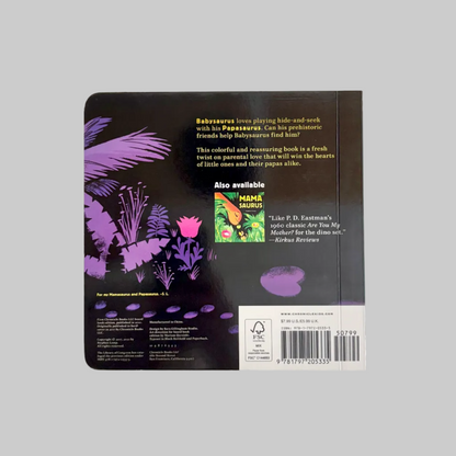 Back cover of a book with purple illustrations and text