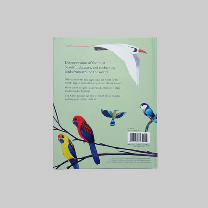 Back cover of a book featuring birds on a green background