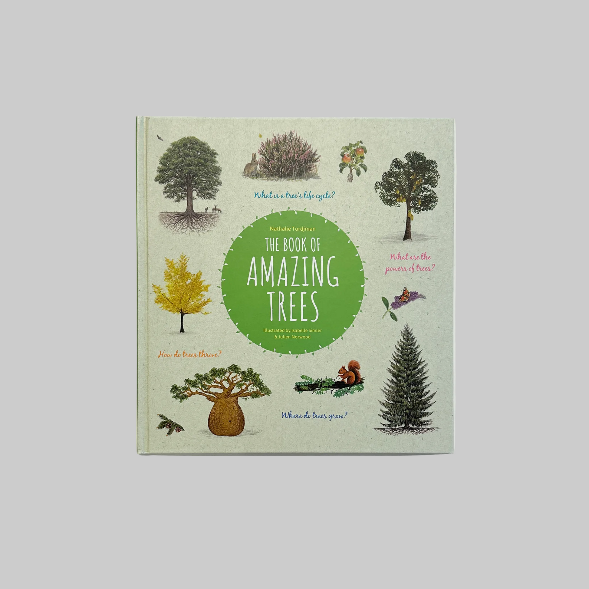 Children's book titled 'The Book of Amazing Trees' with illustrations of different trees cover.