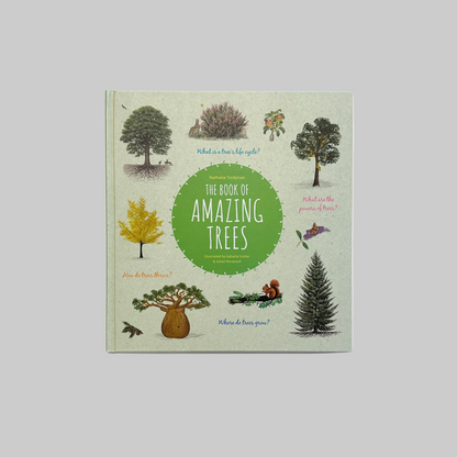 Children's book titled 'The Book of Amazing Trees' with illustrations of different trees cover.