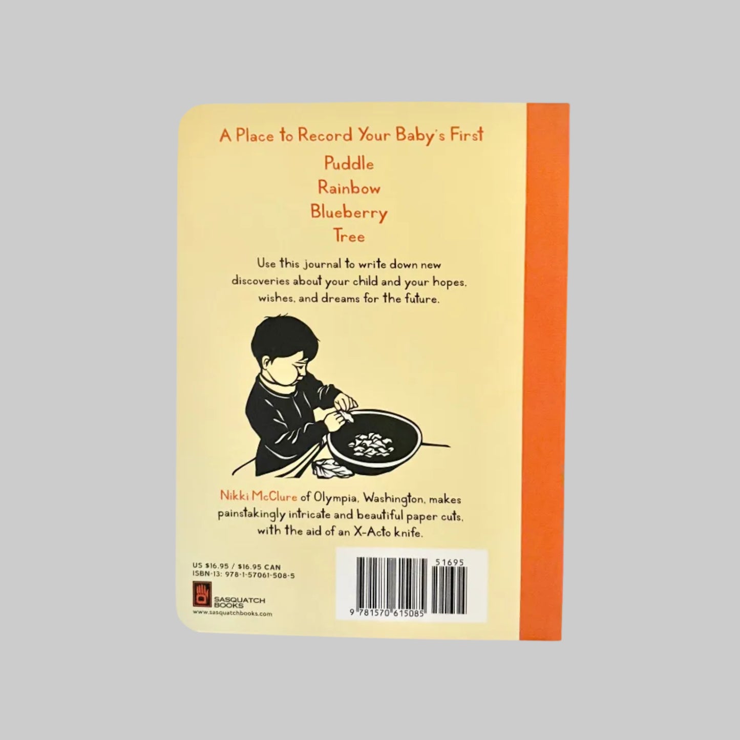 Back cover of a book with text and a illustration of a child at a table.
