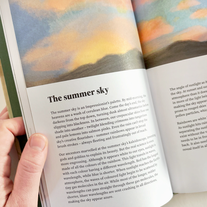 Open book with a page titled 'The summer sky' 