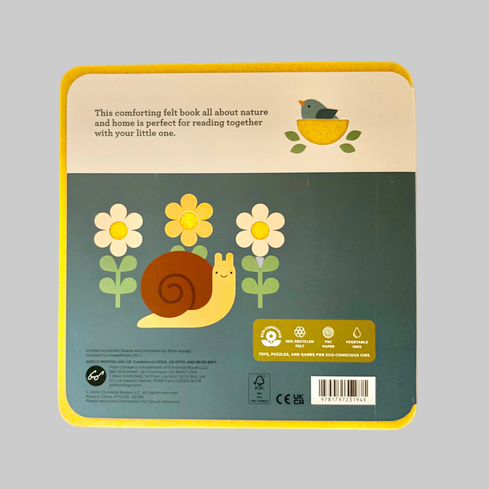 Back cover of a children's book with illustrations of a snail, flowers, and a bird.