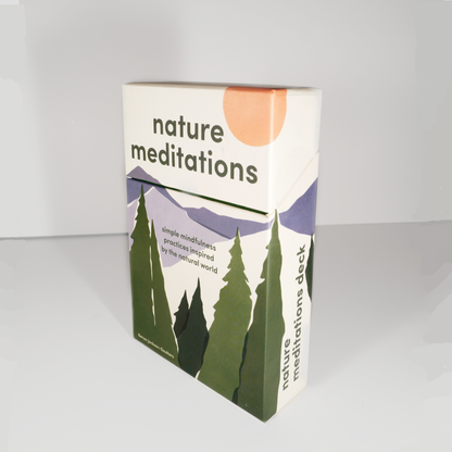 A boxed deck of cards labeled 'Nature Meditations' with a mountain and pine tree illustration on the cover.