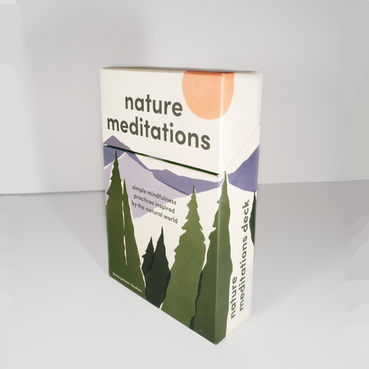 A boxed deck of cards labeled 'Nature Meditations' with a mountain and pine tree illustration on the cover.