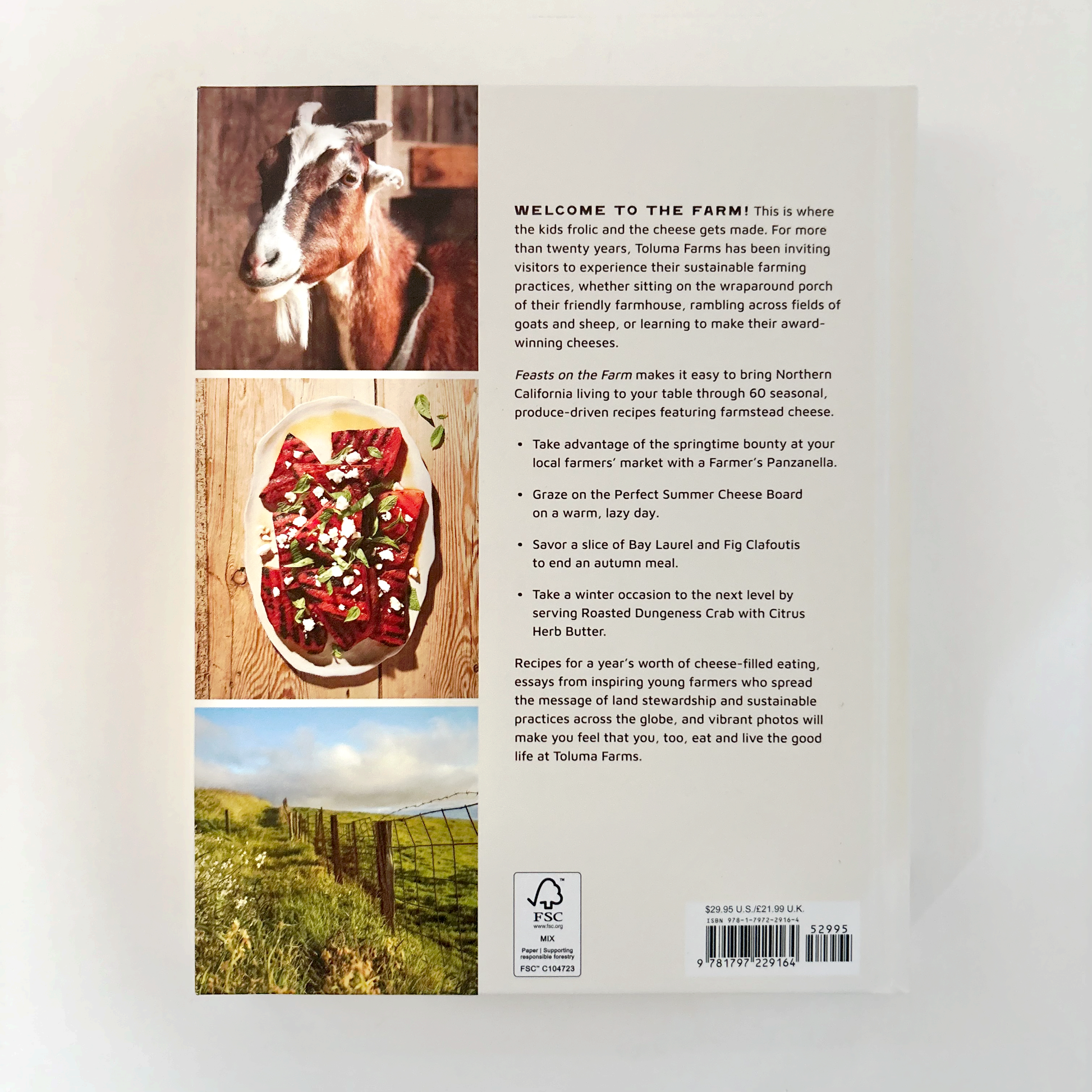 Back cover of a cookbook with images of a goat, pizza, and farm landscape, featuring text about farming and cheese.