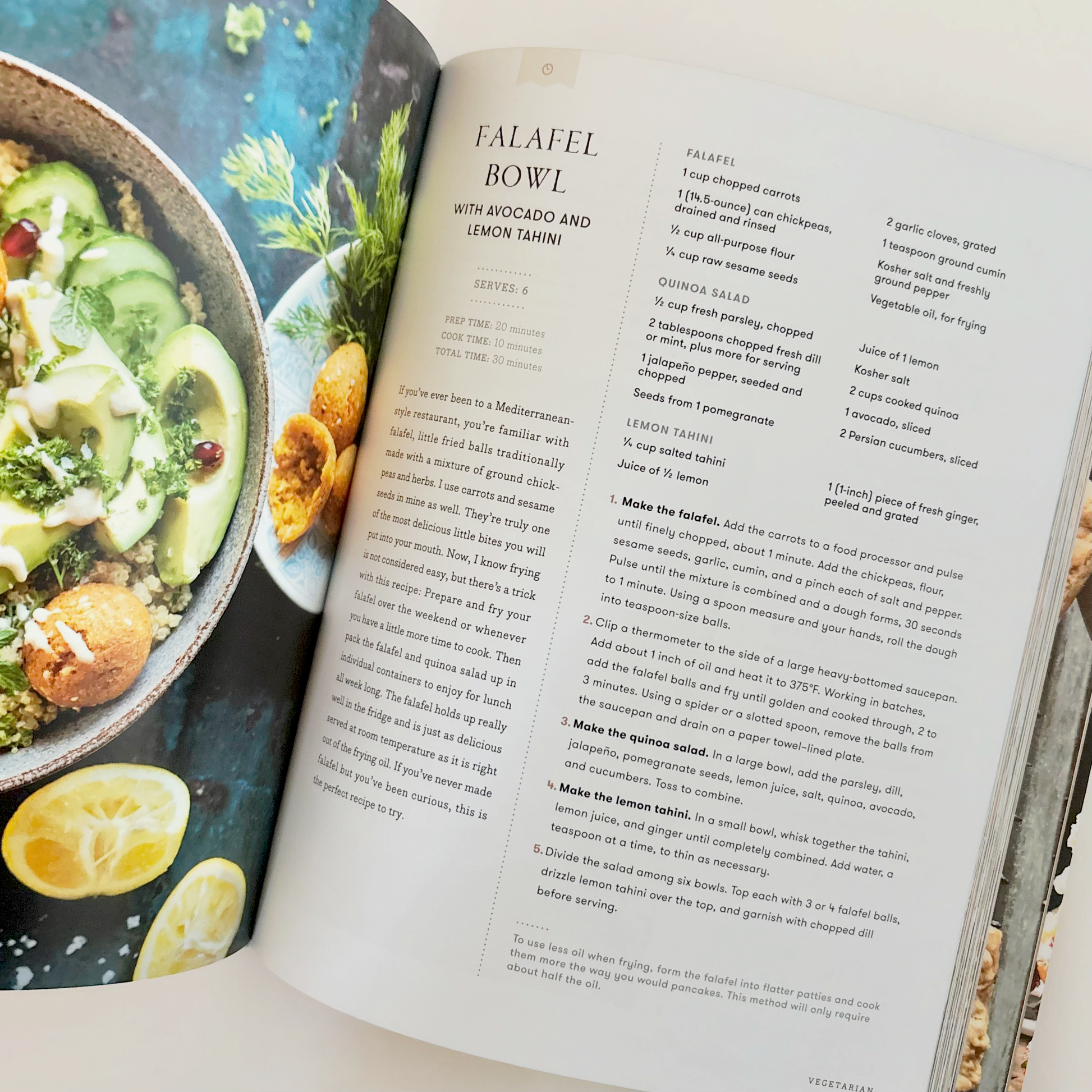 Open cookbook showing a recipe for Falafel Bowl with images of ingredients on the left page.