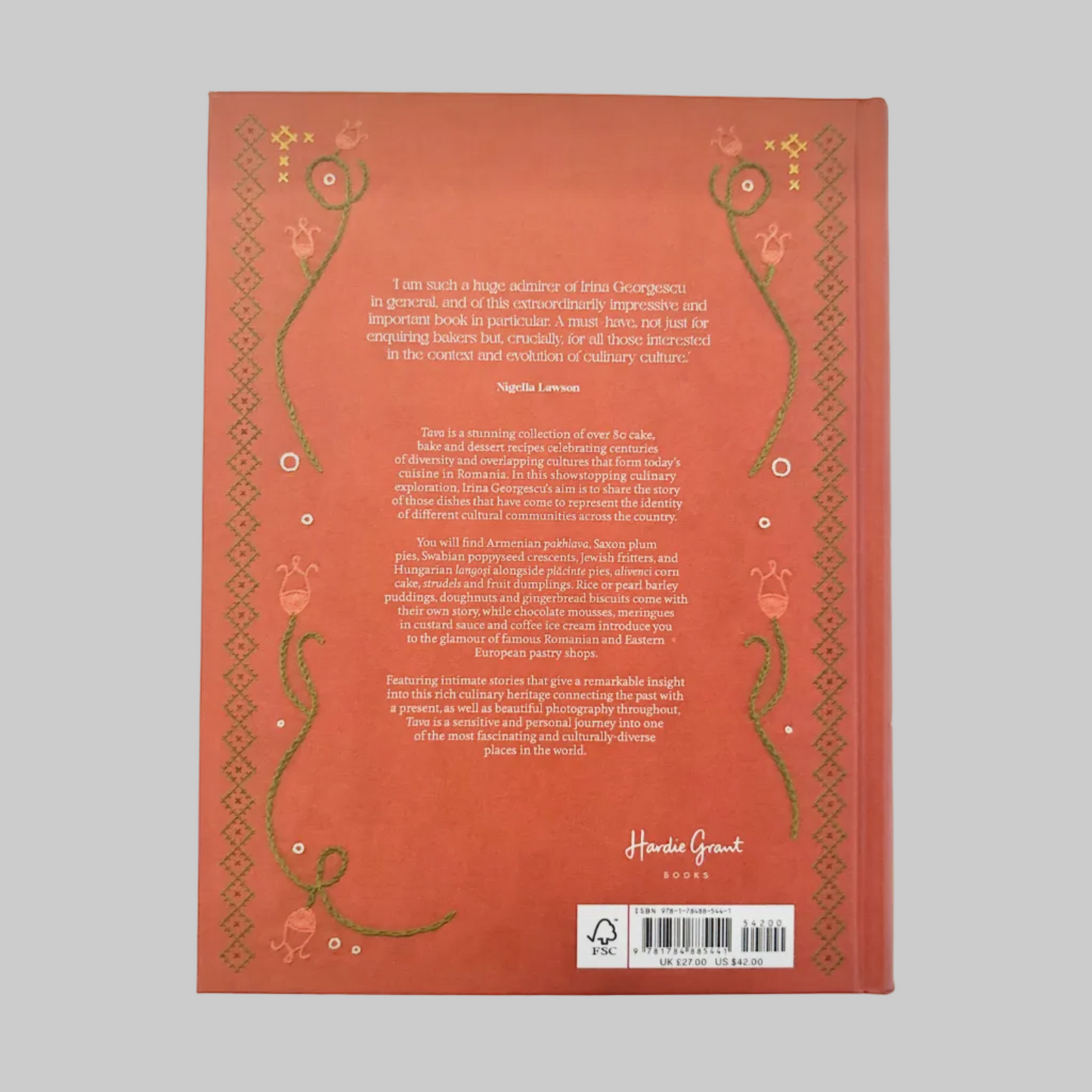 Back cover of a book with decorative elements and text on a red background.