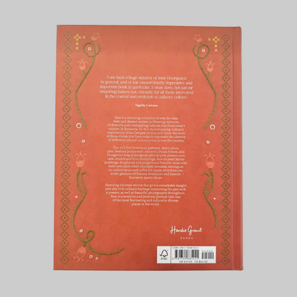 Back cover of a book with decorative elements and text on a red background.