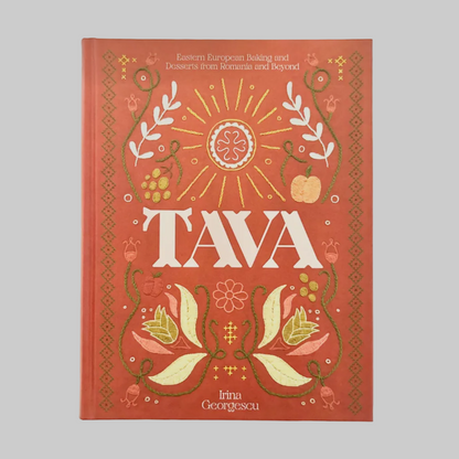 Book cover of cookbook 'TAVA' by Irina Georgescu with decorative elements on a red background