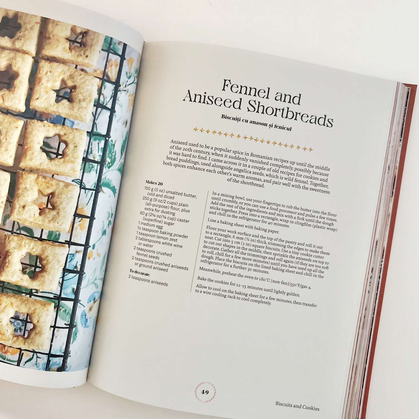 Open book with a recipe for Fennel and Anised Shortbreads.