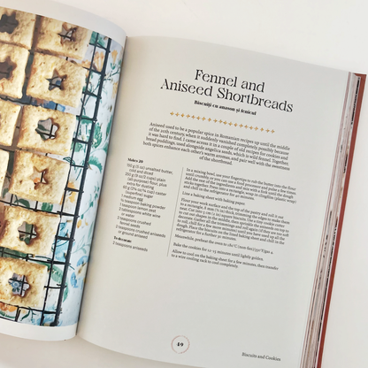 Open book with a recipe for Fennel and Anised Shortbreads.