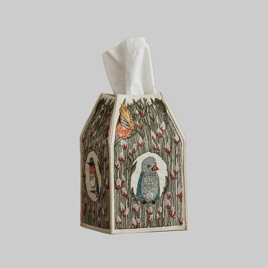 Decorative tissue box cover with an embroidered bird and butterfly design