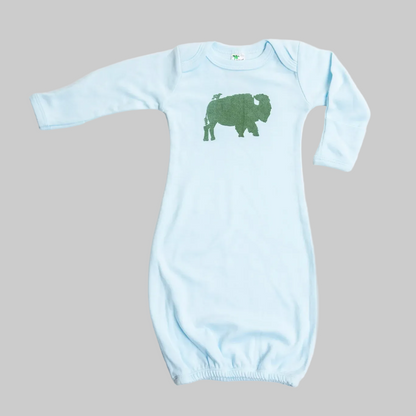 Bird and Buffalo’s baby gown in blue featuring bird and buffalo design, made locally in Jackson Hole, WY