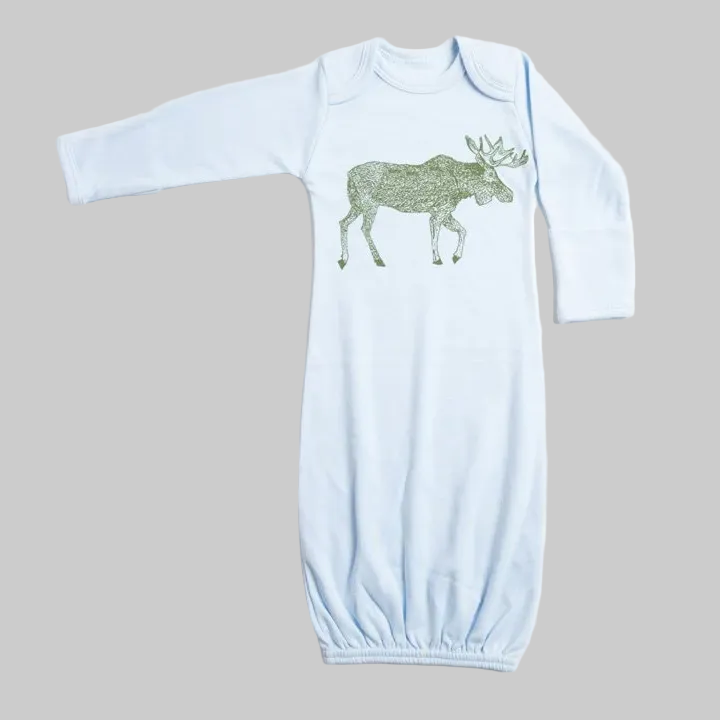 Bird and Buffalo’s baby gown in blue featuring moose design, made locally in Jackson Hole, WY