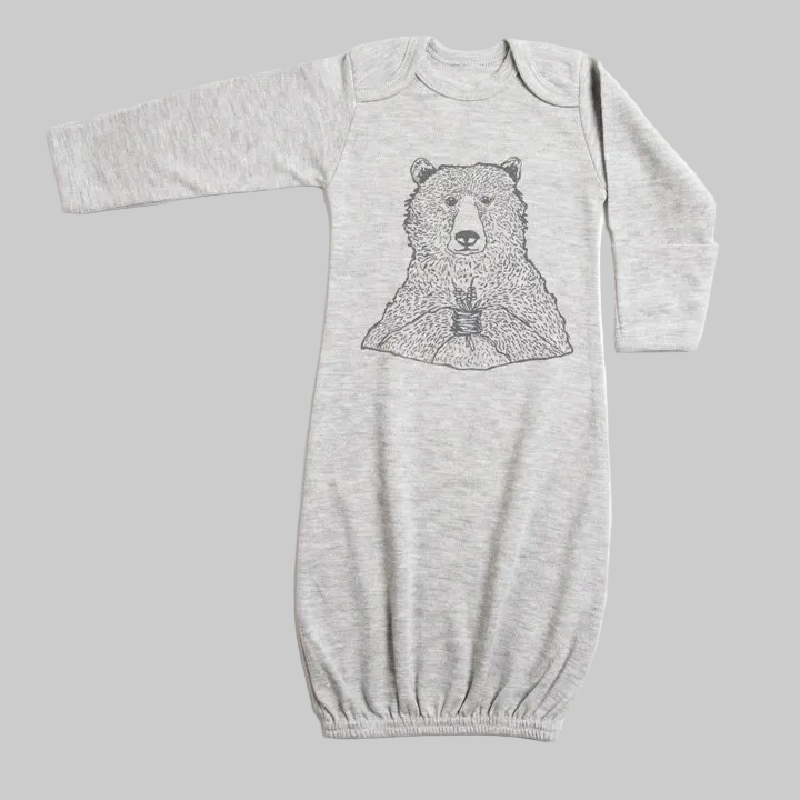 Bird and Buffalo baby gown in gray with bear holding flowers design, made local in Jackson Hole, WY 