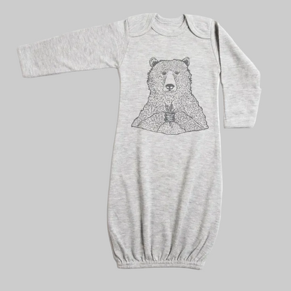Bird and Buffalo baby gown in gray with bear holding flowers design, made local in Jackson Hole, WY 