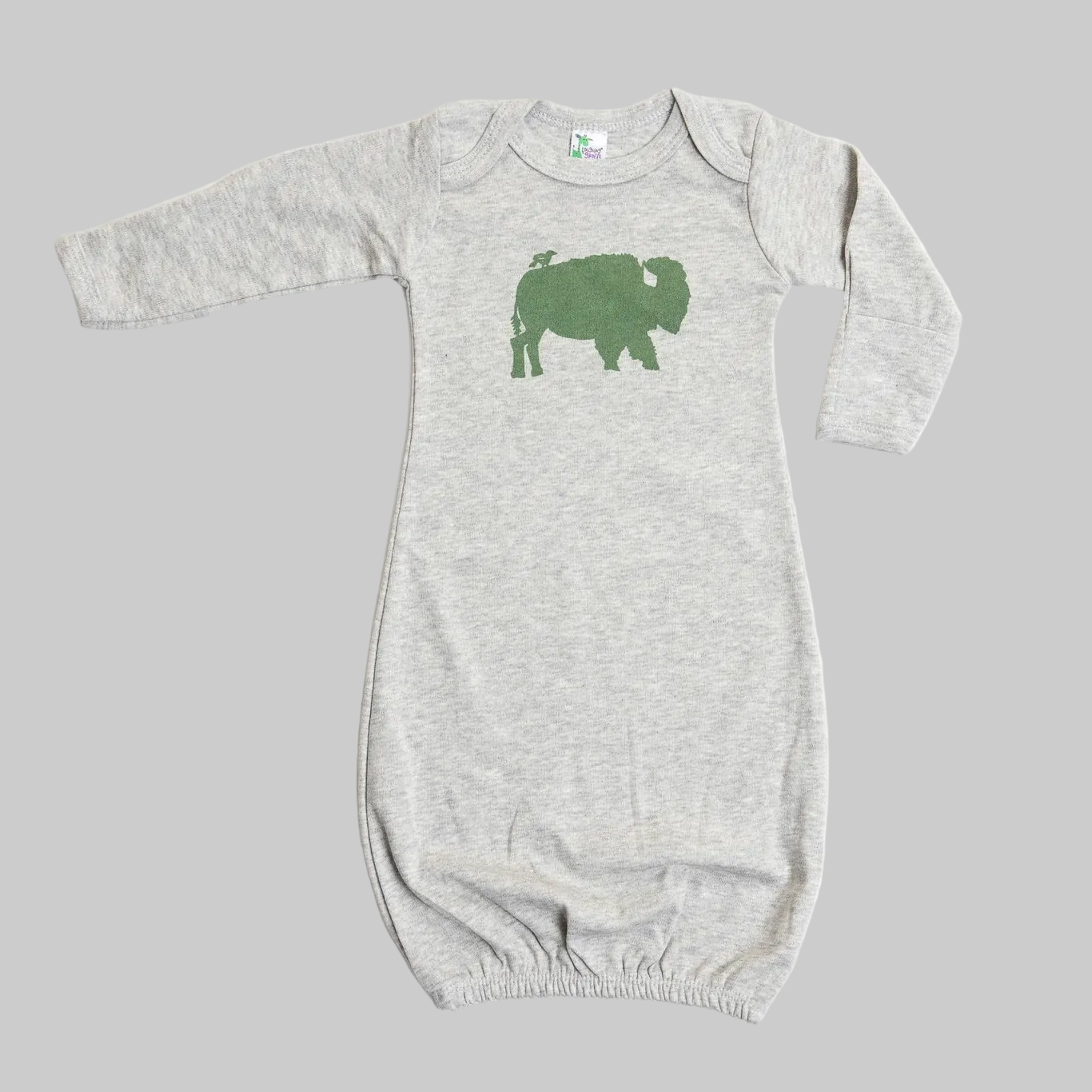 Bird and Buffalo baby gown in gray with bird and buffalo design, made local in Jackson Hole, WY