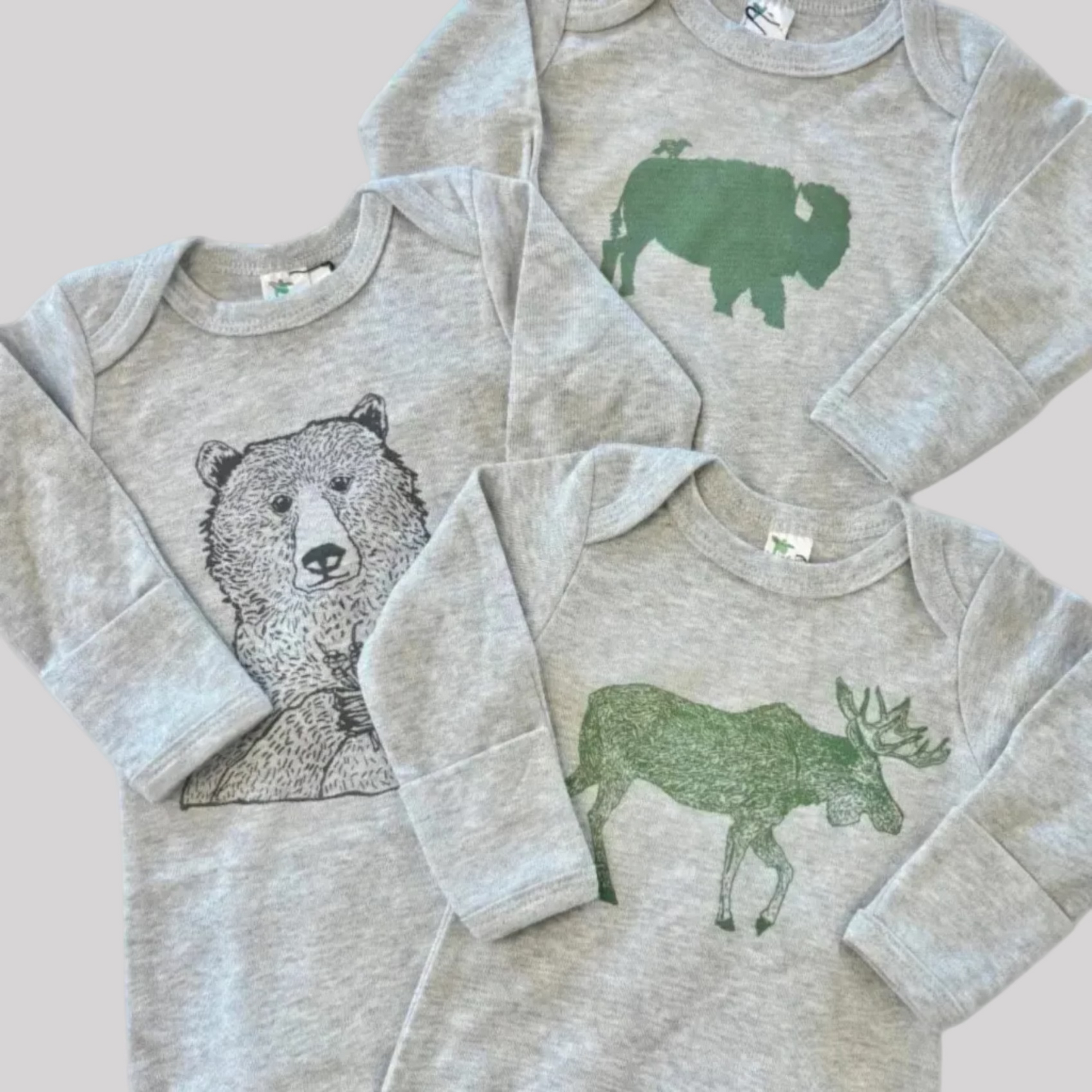 Bird and Buffalo baby gowns in gray, made local in Jackson Hole, WY 