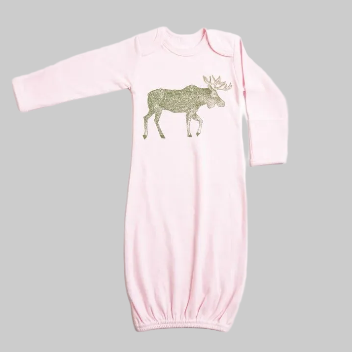 Bird and Buffalo’s baby gown in pink featuring moose design, made locally in Jackson Hole, WY